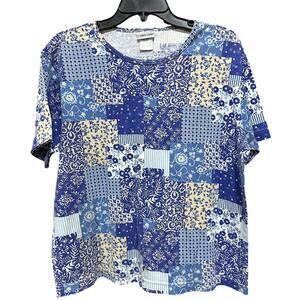 Cabin Creek Top Size L Blue White Yellow Patchwork Style Floral Made in USA